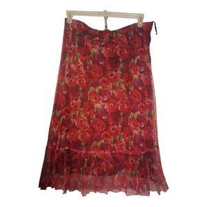 Elastic Waist Floral Print Mesh Overlay Mid Length Skirt